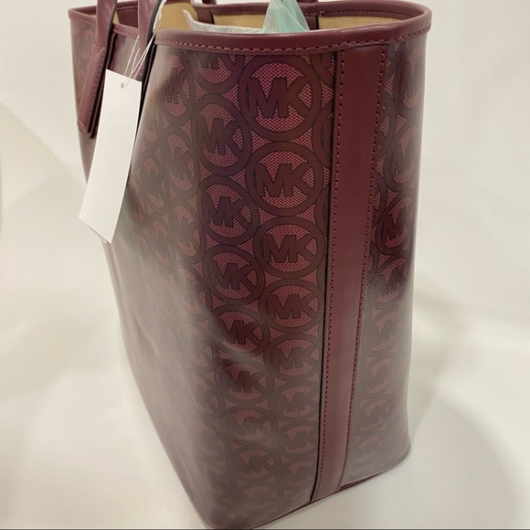 MICHAEL KORS Jodie Large Logo Jacquard Tote Carryall Handbag MK print Bag Merlot - Picture 7 of 13